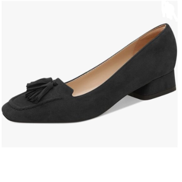 YDN Black Block Low Heel Loafer Square Toe Tassel Fringe Pump Slip On Dress Shoe - Picture 1 of 8